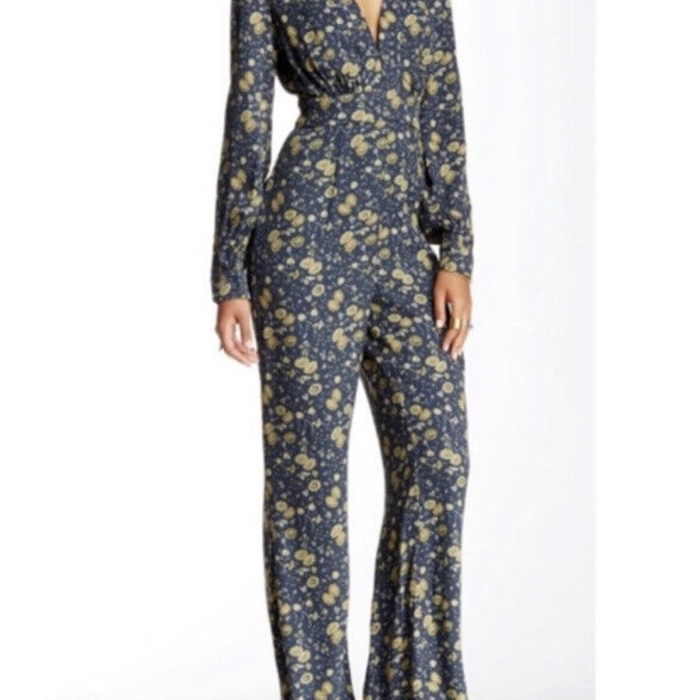Free People, NWOT,Floral Print Jumpsuit in Blue and Yellow, Long Sleeves, Size 6